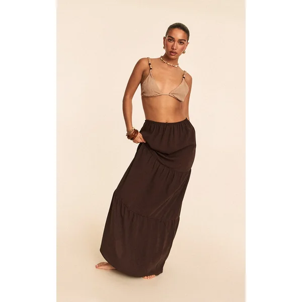 Chocolate Linen Look Tiered Maxi Beach Skirt