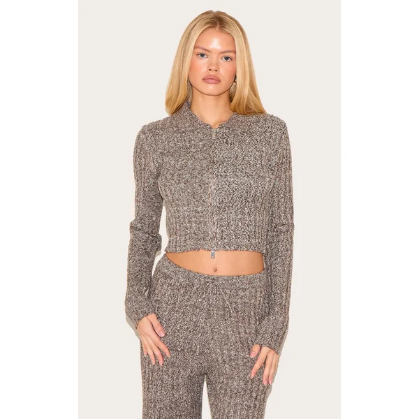 Chocolate Marl Knitted Dipped Hem Cropped Zip Up Top