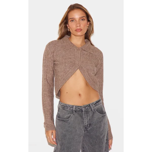Chocolate Marl Soft Rib Knit Crop Collar Detail Top
