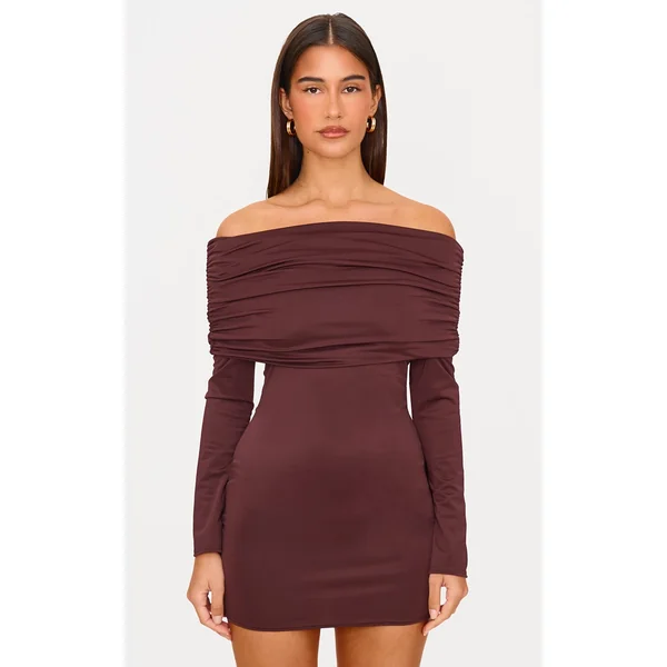 Chocolate Matte Sculpt Double Layer Foldover Bardot Long Sleeve Mini Dress