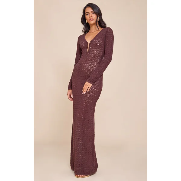 Chocolate Maxi Crochet Trim Long Sleeve Dress