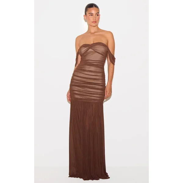 Chocolate Mesh Bardot Ruched Detail Maxi Dress