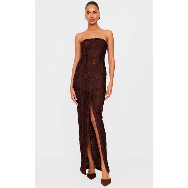 Chocolate Mesh Floral Detail Bandeau Maxi Dress