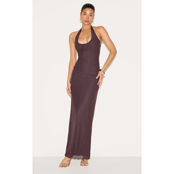 Chocolate Mesh Lined Scoop Halter Neck Maxi Dress