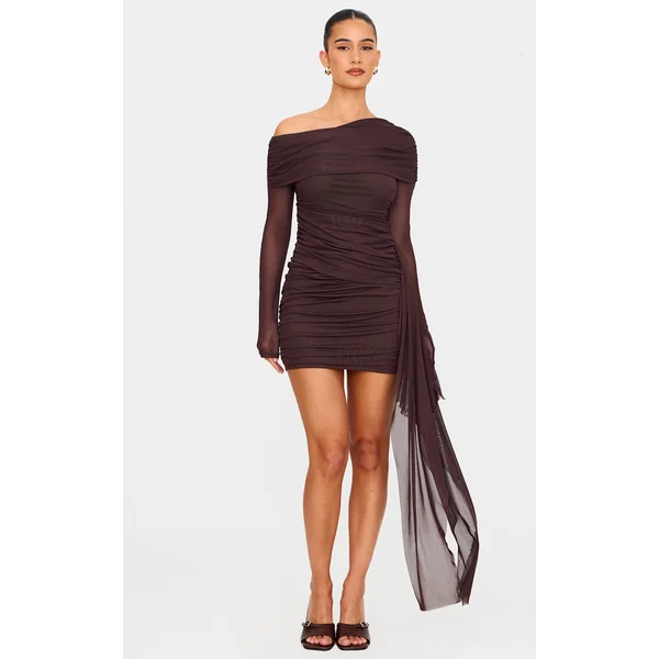 Chocolate Mesh Long Sleeve Foldover Drape Mini Dress
