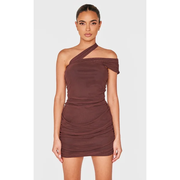 Chocolate Mesh Neck Detail Mini Dress