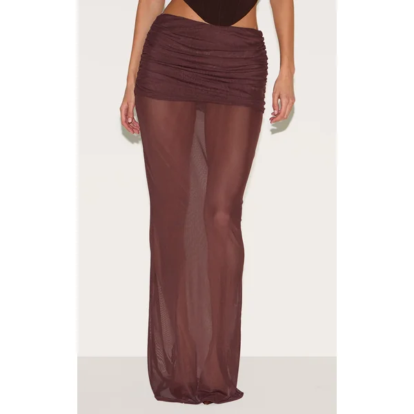 Chocolate Mesh Overlay Maxi Skirt
