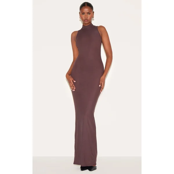 Chocolate Mesh Overlay Ruched Detail Maxi Dress