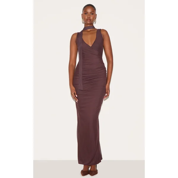 Chocolate Mesh V Neck Wrap Maxi Dress