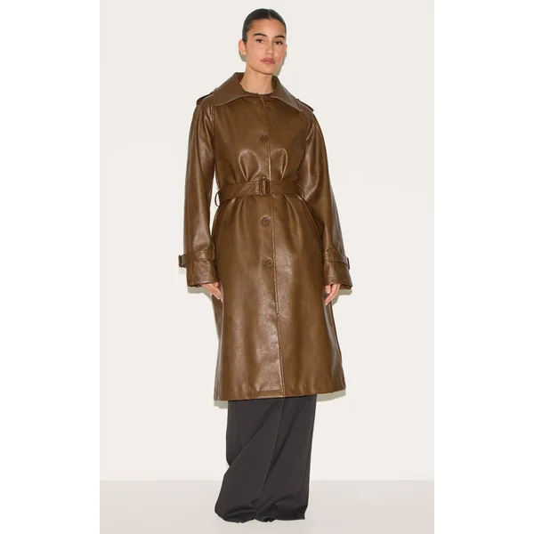 Chocolate Mid Length Faux Leather Trench Coat