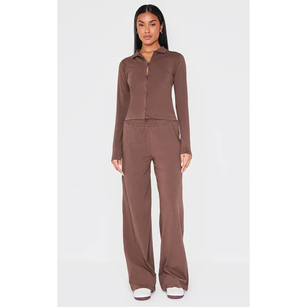 Chocolate Mid Rise Jersey Wide Leg Pants
