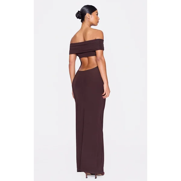 Chocolate Open Back Bardot Maxi Dress