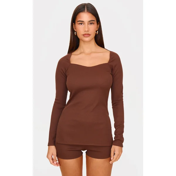 Chocolate Ottoman Ribbed Detail Long Sleeve Top