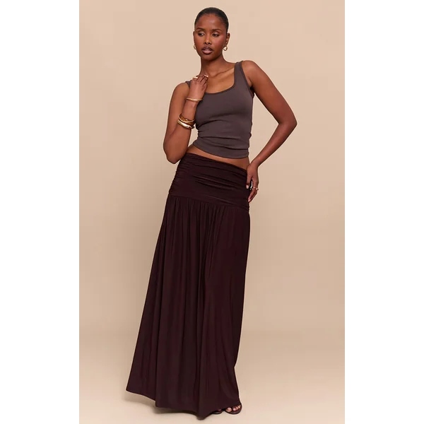 Chocolate Overlay Detail Double Layer Slinky Maxi Skirt