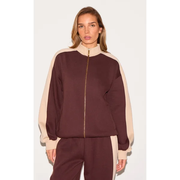 Chocolate Oversized Color Block Zip Through Sweatshirt