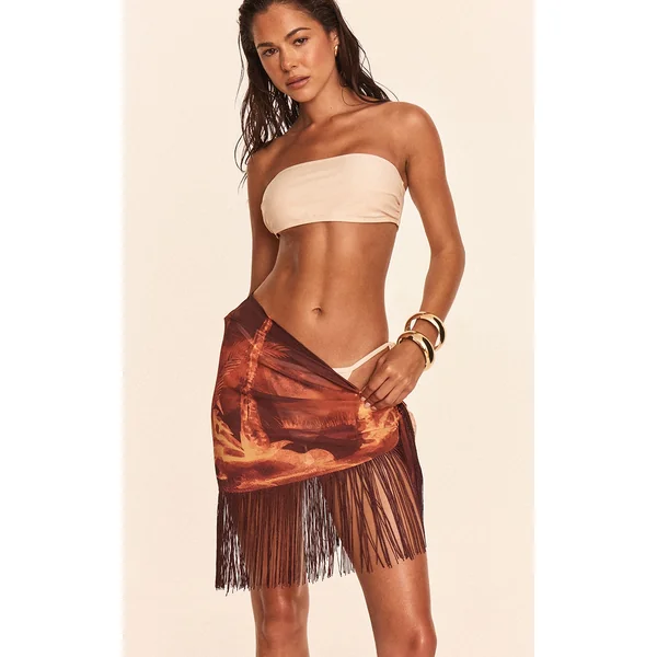 Chocolate Palm Print Chiffon Fringe Trim Sarong