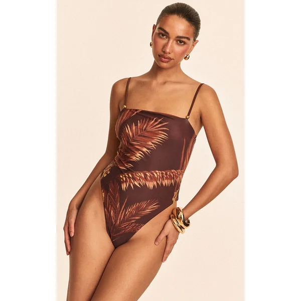 Chocolate Palm Print Strappy Swimsuit