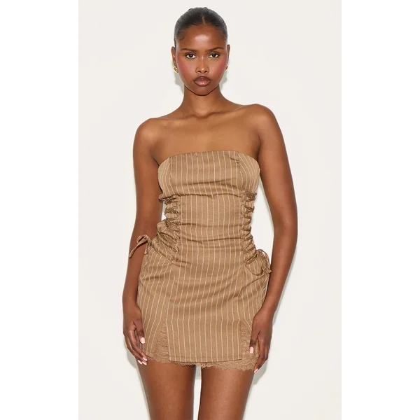Chocolate Pinstripe Bandeau Lace Trim Shift Dress