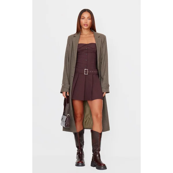 Chocolate Pinstripe Tailored Bandeau Belt Pleated Shift Dress