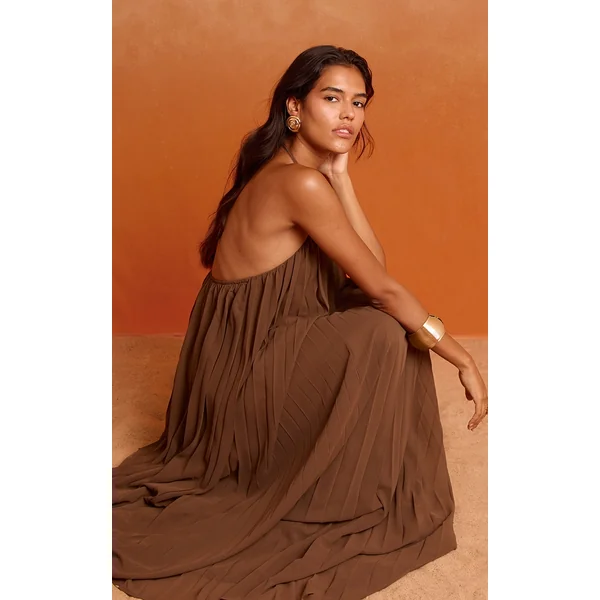 Chocolate Pleated Chiffon Halterneck Maxi Dress