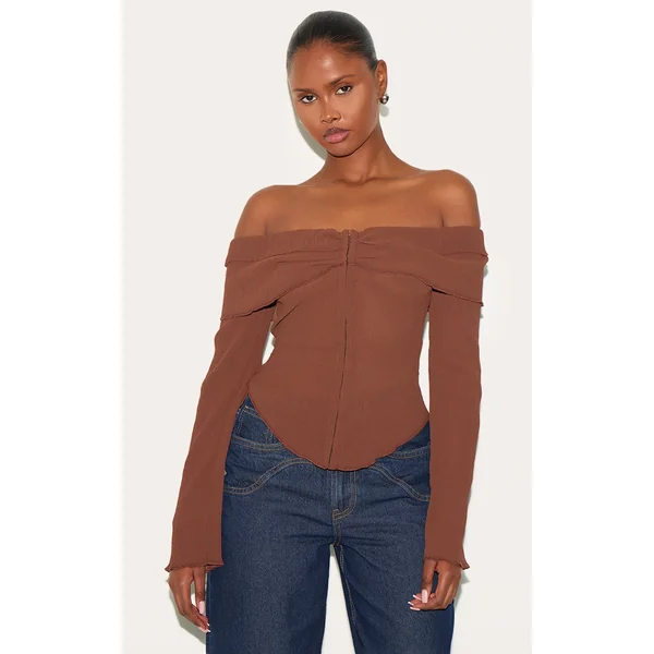 Chocolate Plisse Chiffon Bardot Blouse