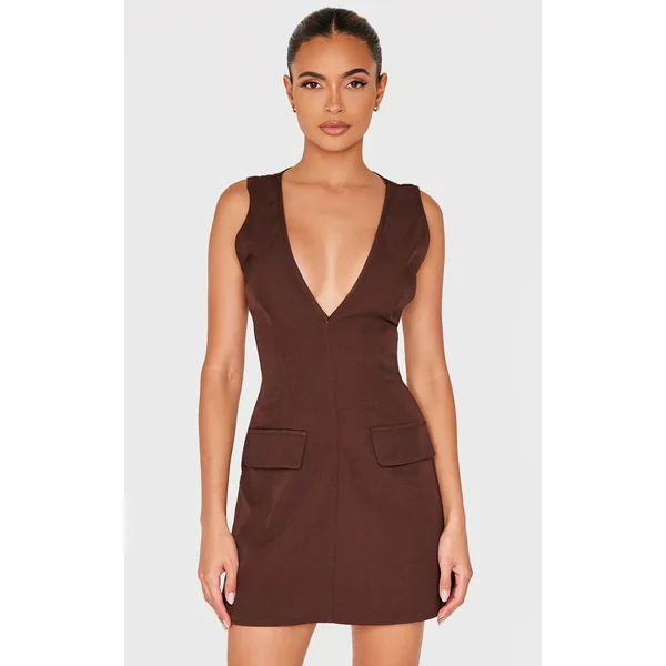 Chocolate Plunge Pocket Detail Mini Dress