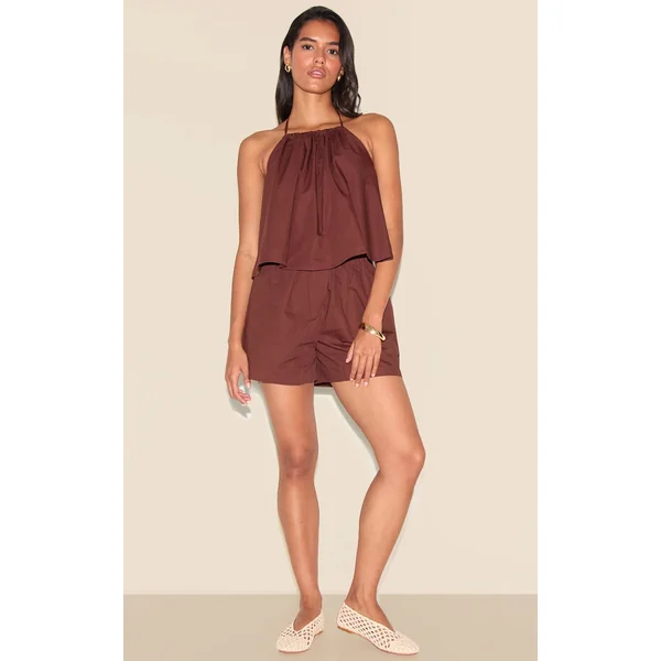Chocolate Poplin Low Back Halterneck Top