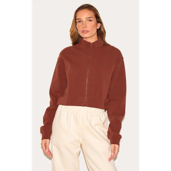 Chocolate Premium Interlock Zip Through Boxy Sweatshirt