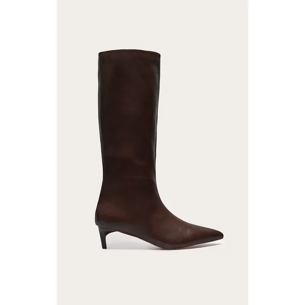 Chocolate Pu Point Toe Low Stiletto Knee High Heeled Boots