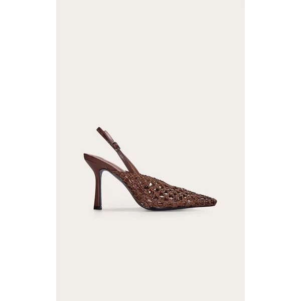 Chocolate Pu Point Toe Woven High Heeled Sling Back Courts
