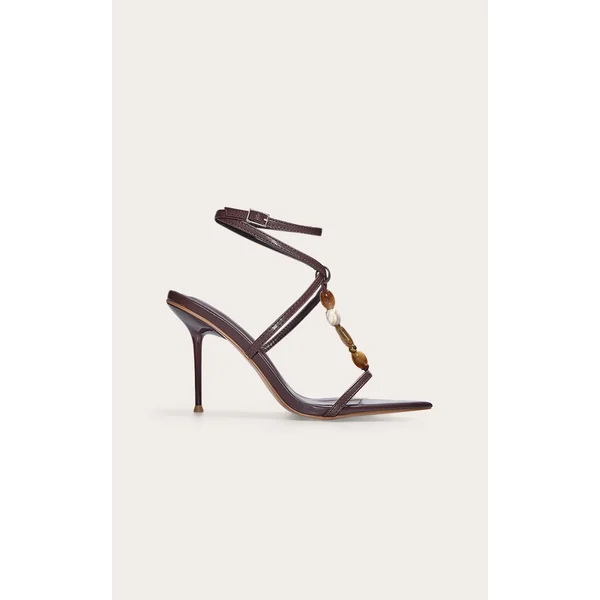 Chocolate Pu Square Toe Beaded Lace Up High Stiletto Heeled Sandals