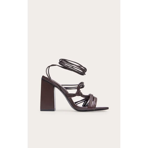 Chocolate Pu Square Toe Strappy Lace Up Block Heeled Sandals