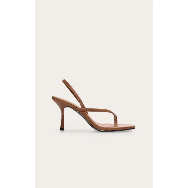 Chocolate Pu Square Toe Thong Sling Back Mid Heeled Sandals