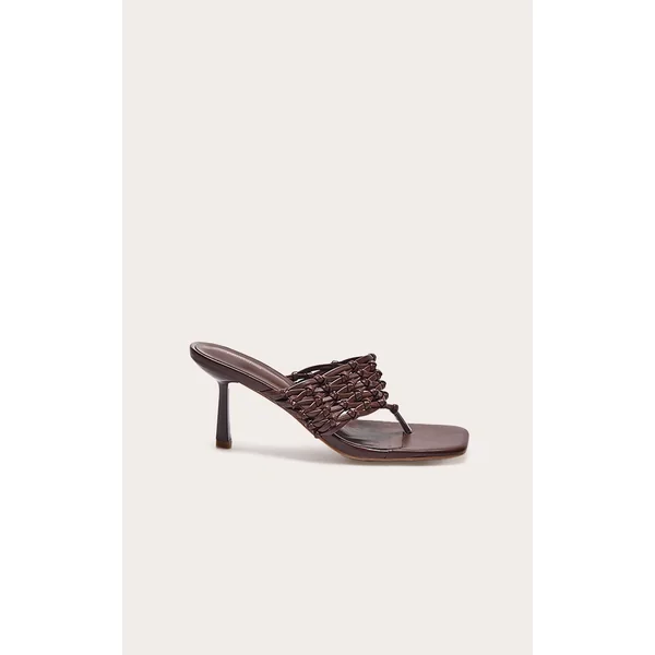 Chocolate Pu Square Toe Thong Woven Strap Mid Heeled Mules