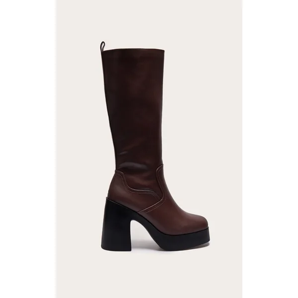 Chocolate PU Wide Fit Square Toe Block Heel Slight Platform Knee High Boots