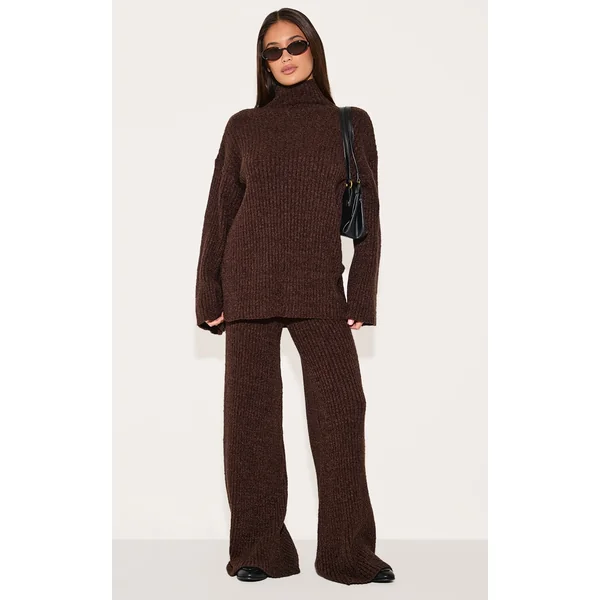 Chocolate Rib Boucle Knit Wide Leg Pant