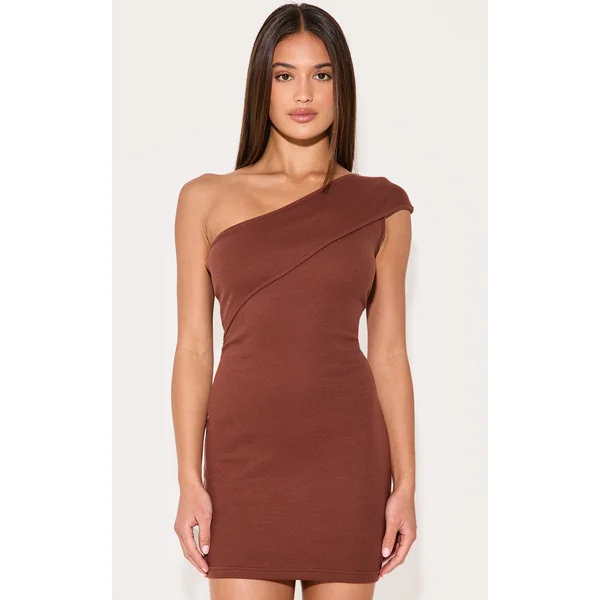 Chocolate Rib Fold One Shoulder Mini Dress