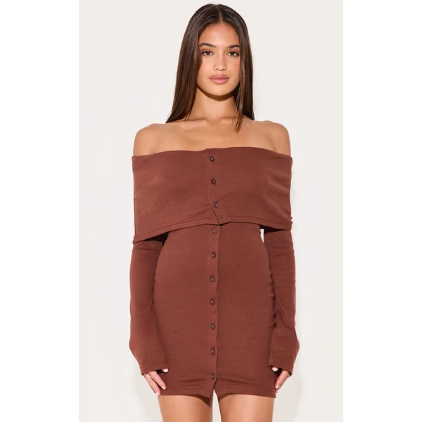 Chocolate Rib Fold Over Bardot Button Mini Dress