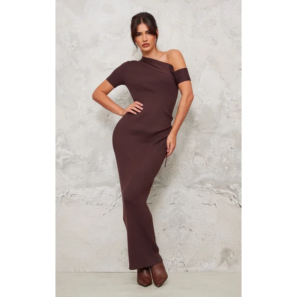 Chocolate Rib Knit Asymmetric Neck Ruched Side Maxi Dress