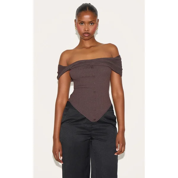 Chocolate Rib Knit Twist Bardot Button Through Top