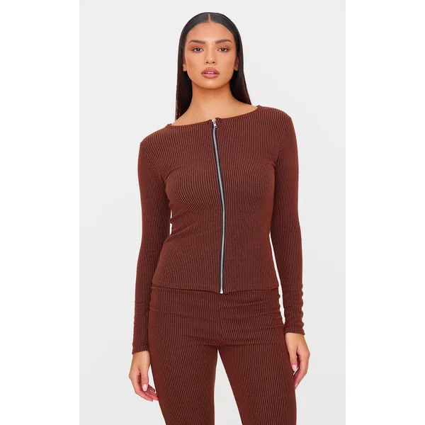 Chocolate Rib Longline Zip Up Top