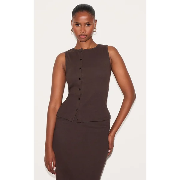 Chocolate Ribbed Asymmetric Button Detail Vest Top