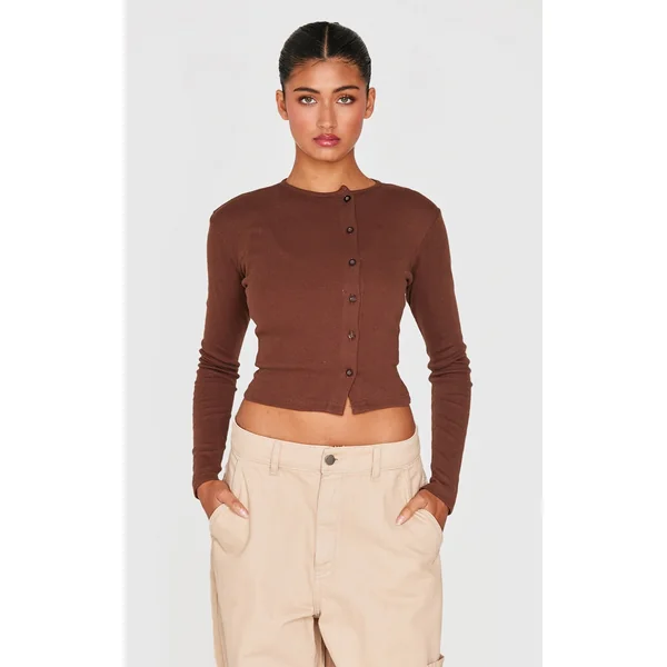 Chocolate Ribbed Aysmmetric Button Down Fitted Long Sleeve Top