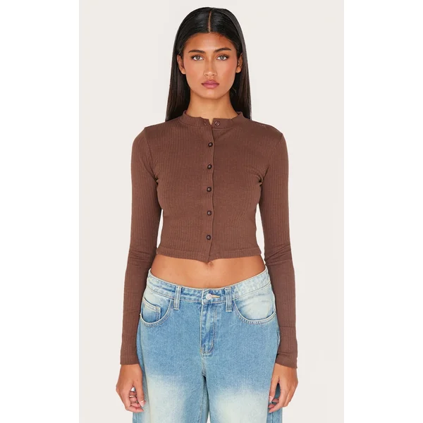 Chocolate Ribbed Button Down Detail Long Sleeve Top