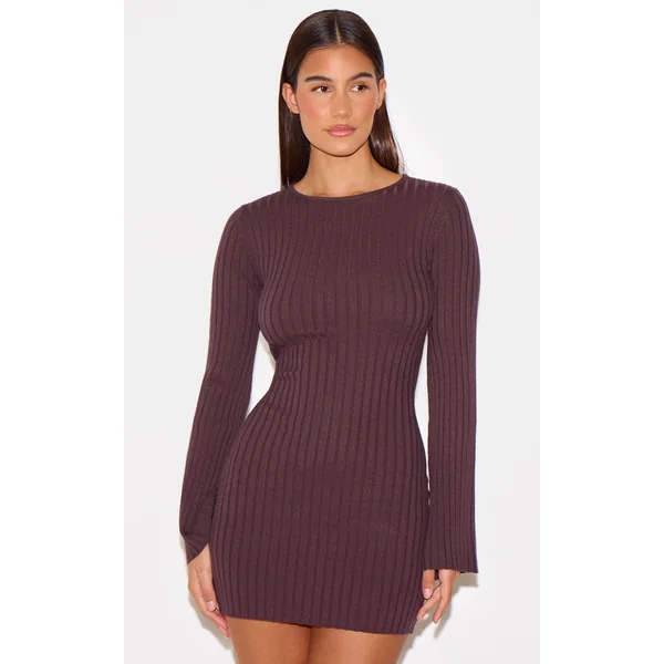 Chocolate Ribbed Knit Mini Dress