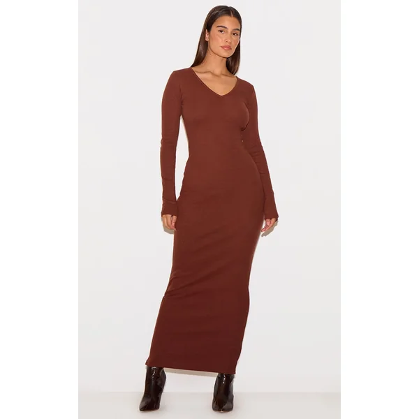 Chocolate Ribbed V Neck Long Sleeve Maxi Dress
