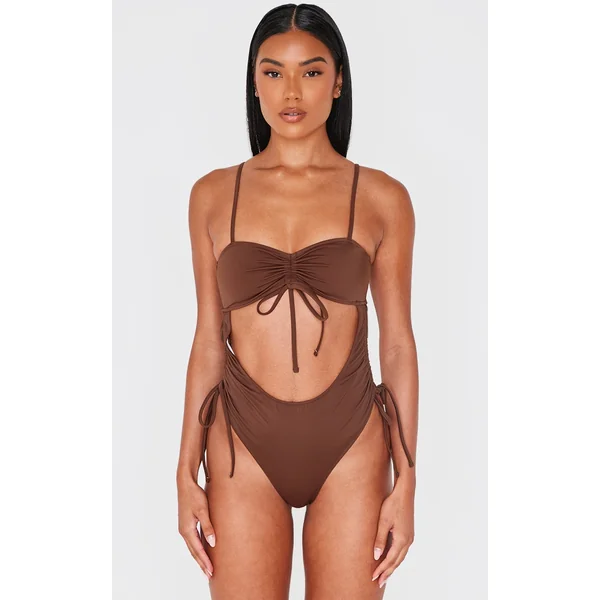 Chocolate Ruched Cut Out Halter Tie Swimsuit