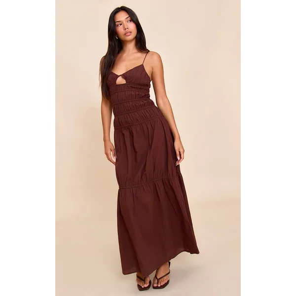 Chocolate Ruched Cut Out Maxi Dress