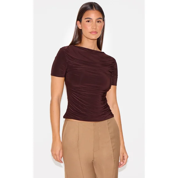 Chocolate Ruched Detail Slinky Long Top