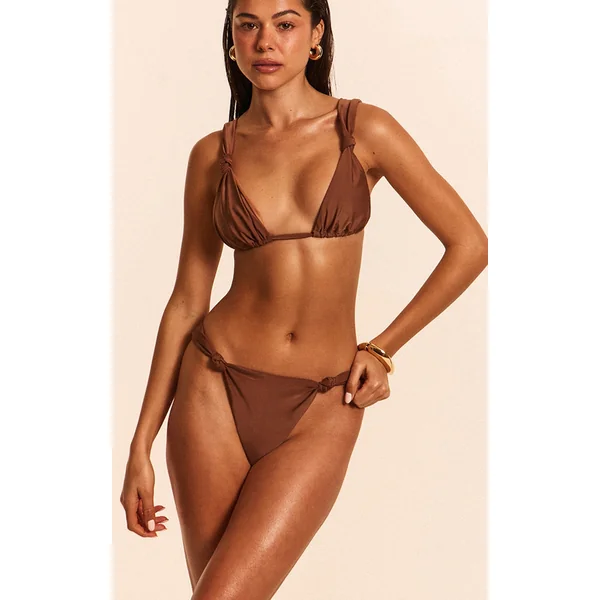 Chocolate Ruched Knot Detail Tanga Bikini Bottoms